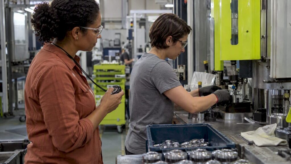 Engenheira medindo o tempo do ciclo de produção